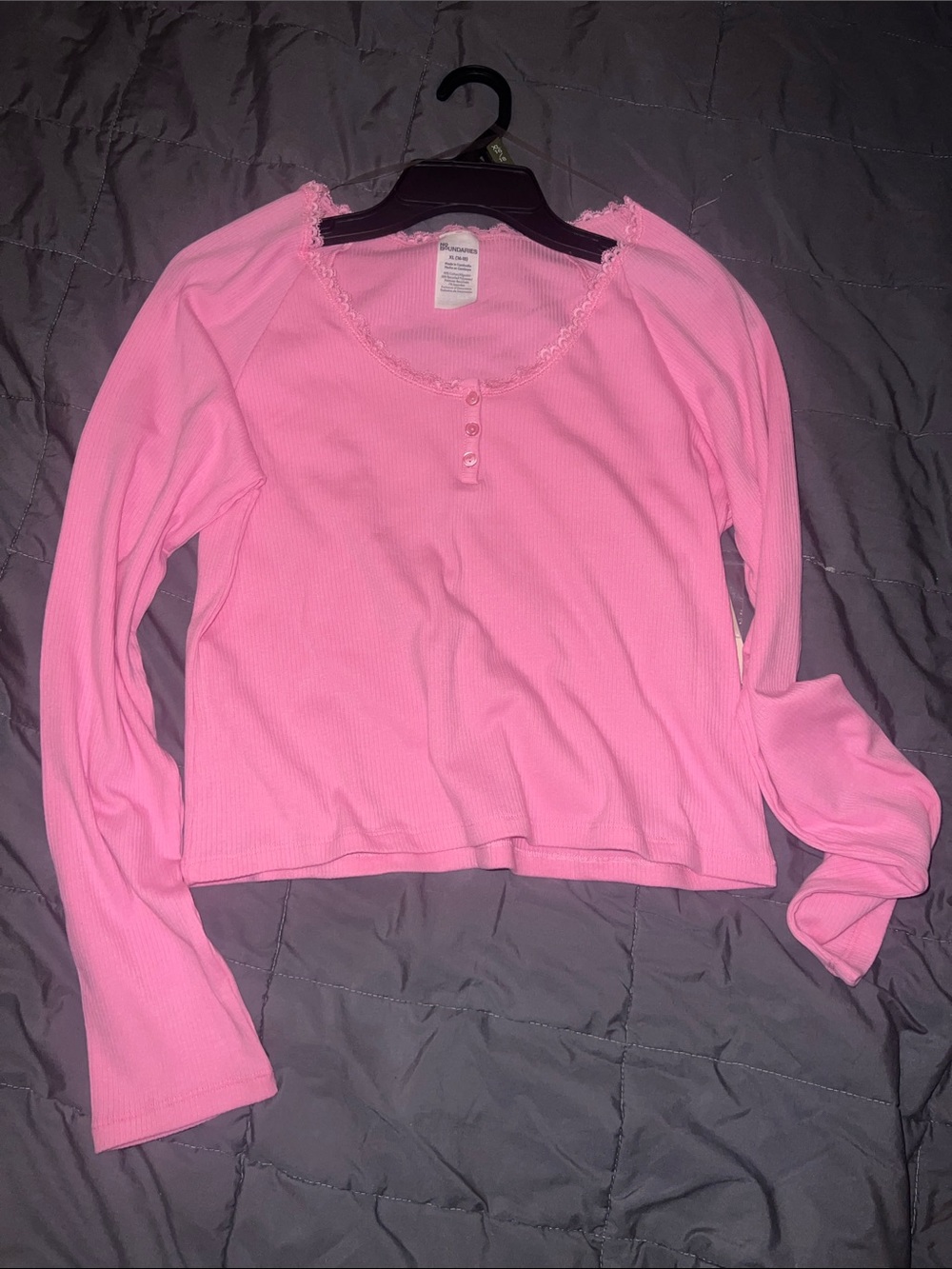 Pink Ribbed Long Sleeve Top with Lace Trim